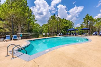 a swimming pool with chairs and umbrellas and trees
